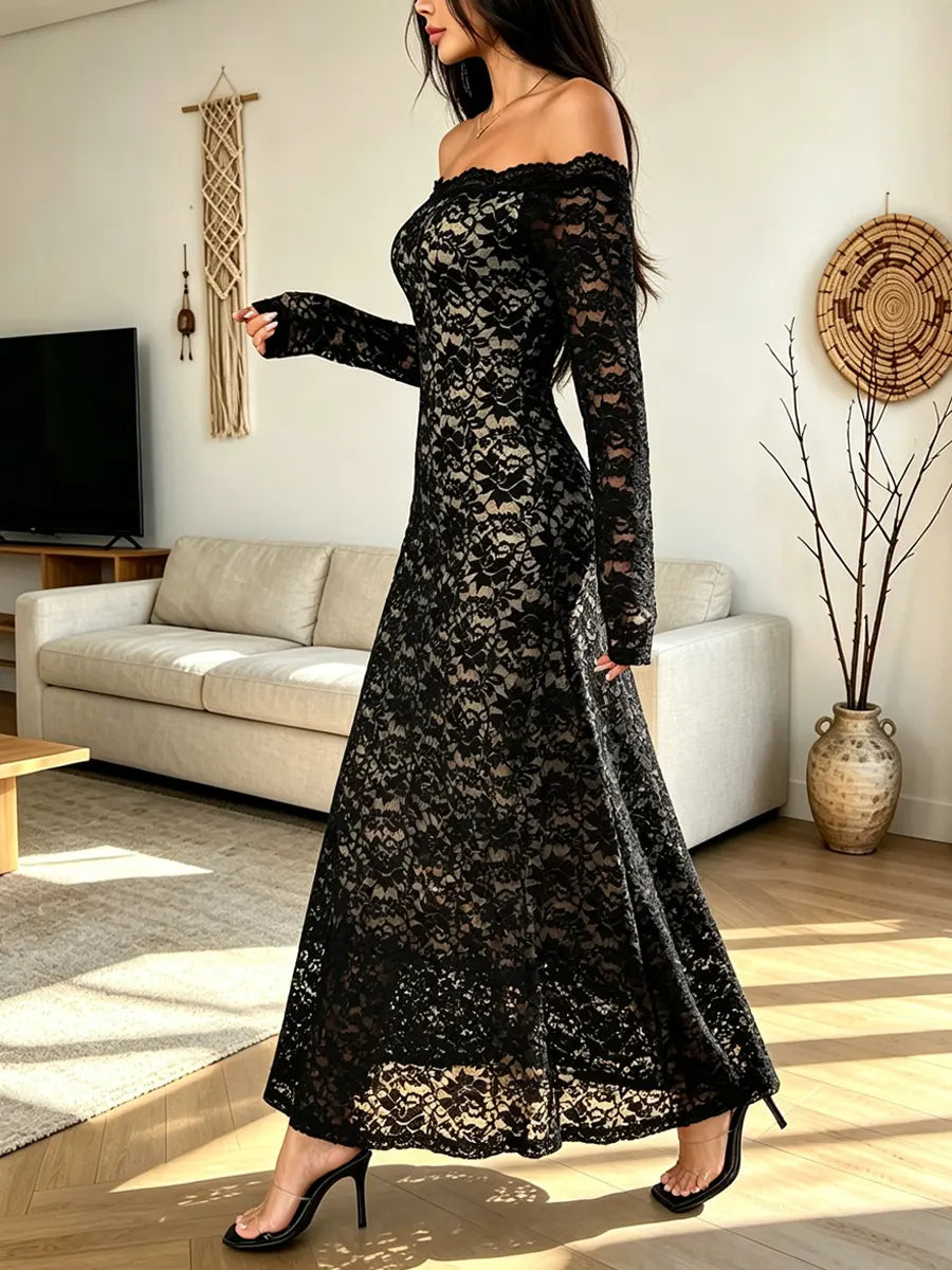 Retro Elegant Floral Lace Off-shoulder Art Casual Stylish Long Sleeve Dress