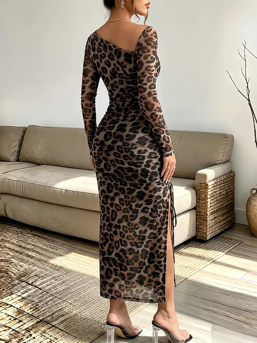 Vintage Elegant Irregular Shoulder Leopard Print Dress