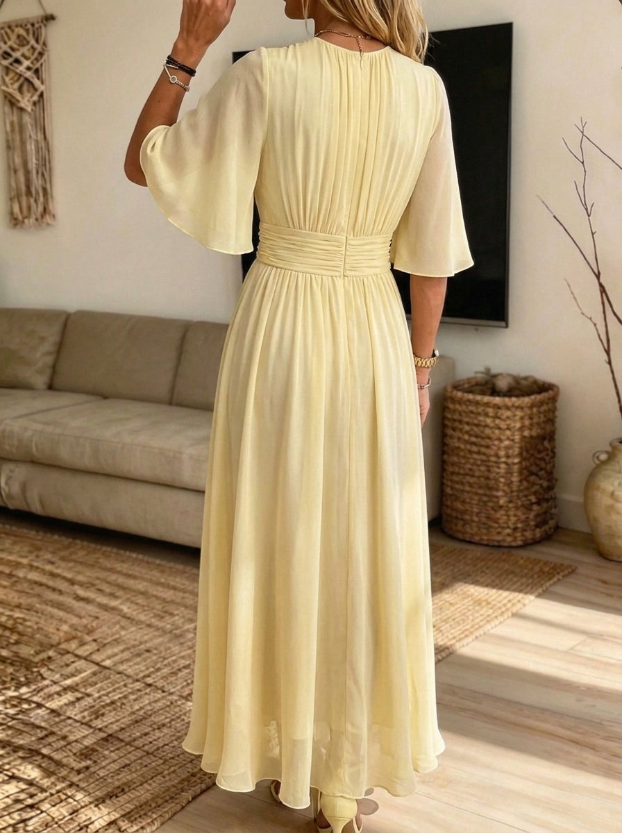 Women Pleated Waist Flare Sleeve Chiffon Maxi Dress With Pockets