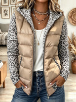 Women's Grey Leopard Print Puffer Vest with Hood and Contrast Sleeves