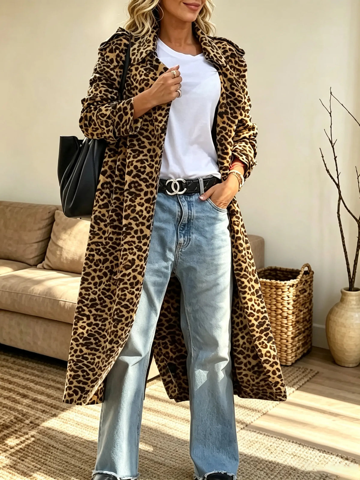Women's Longline Leopard Print Trench Coat