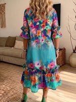 Women Vibrant Floral Print Ruffle Midi Dress Loose Short Sleeve Dress With Pockets