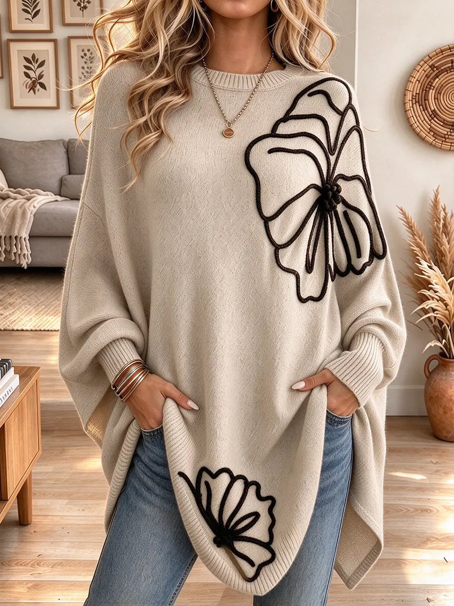 Women's Loose Floral Print Round Neck Batwing Long-sleeved Knit Top
