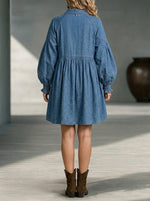 Oversized Babydoll Denim Mini Dress – Long Puff Sleeve Shirt Dress