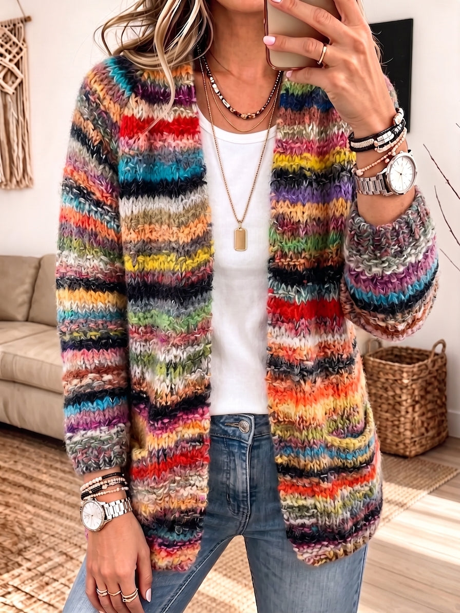 Women Rainbow Stripe Open Front Knit Cardigan, Cozy Multicolor Chunky Knit Jacket With Pockets