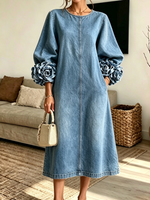 Women's 3D Rose Cuff Denim Midi Dress