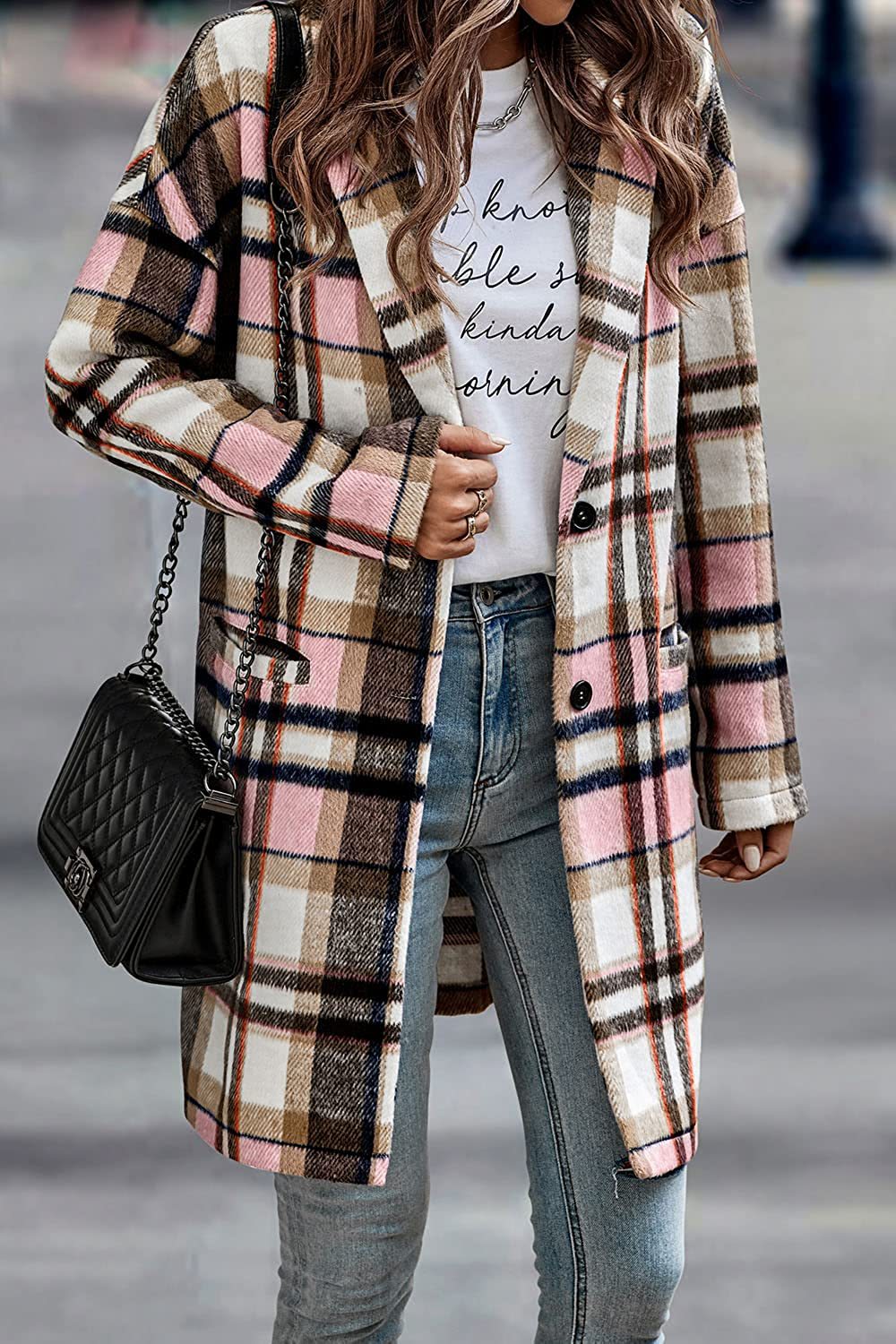Women Plaid Notched Lapel Mid‑Length Wool Blend Coat, Casual Button Down Oversized Outerwear