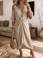 Women Cold‑Shoulder Twist Front Midi Dress V‑Neck Rolled Short Sleeve Irregular Hem Casual Dress