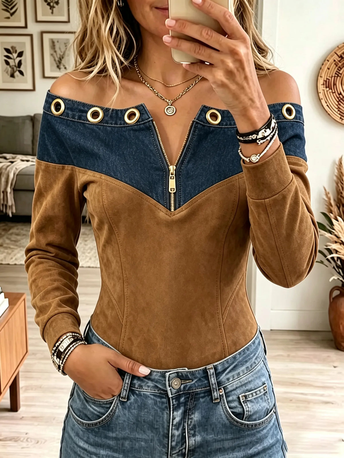 Women's Grommet Denim Patchwork Suede Top