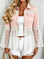 Retro Floral Lace Patchwork Casual Stylish Denim Lapel Coat