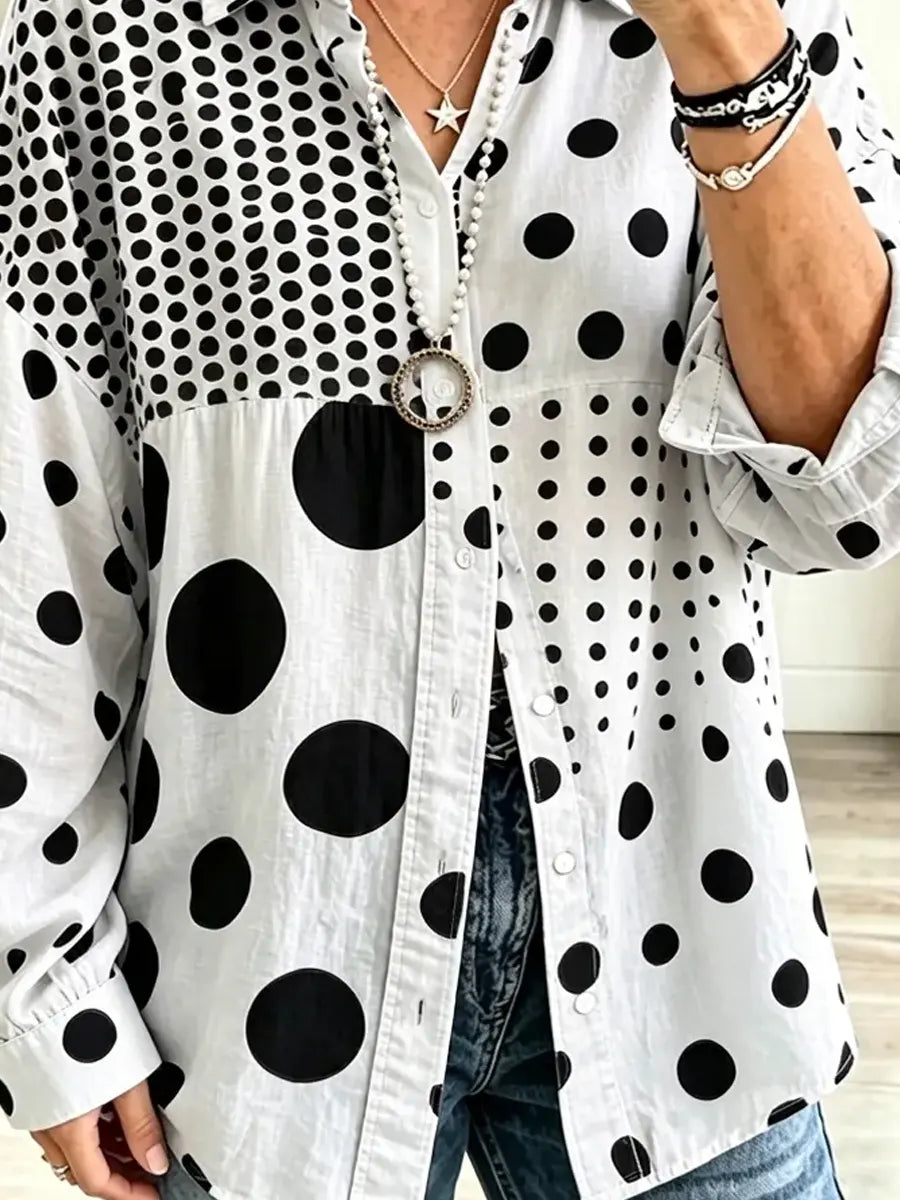 Retro Polka Dot Art Print Casual Stylish Long Sleeve Cotton Linen Shirt