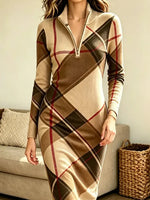 Retro Plaid Pattern Art Casual Stylish Long Sleeve Knit Midi Dress