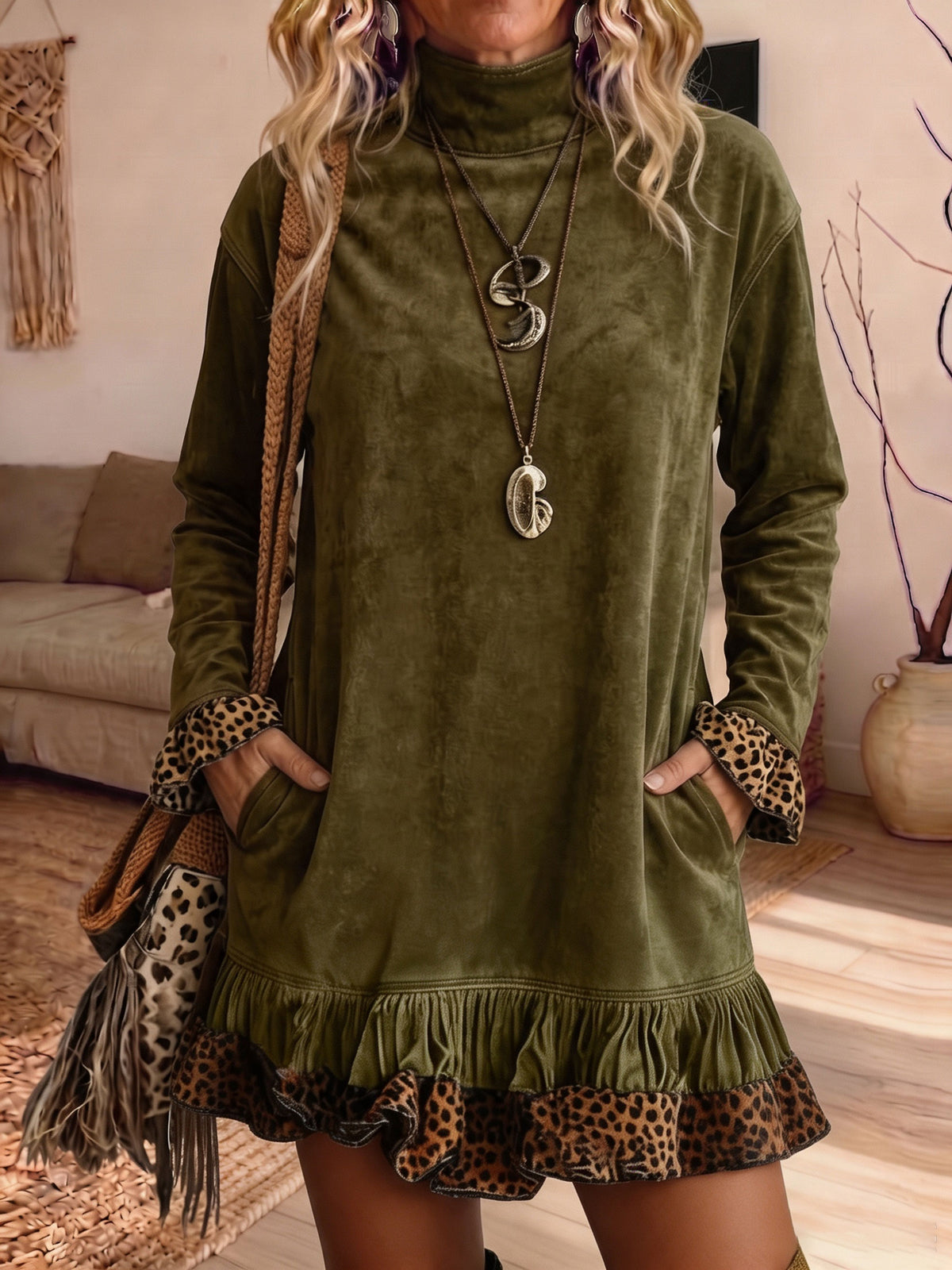 Teal Velvet Leopard Contrast Ruffle Hem Tunic Dress With Pockets