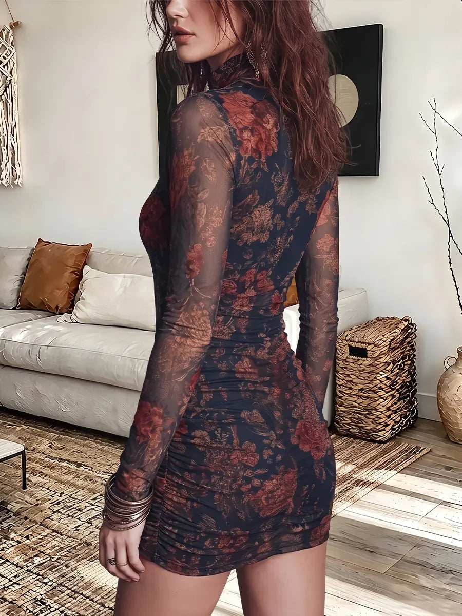 Vintage Elegant Mesh Floral Zipper Dress