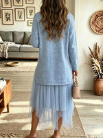 Women's Mock Neck Asymmetrical Tulle Hem Sweater Dress