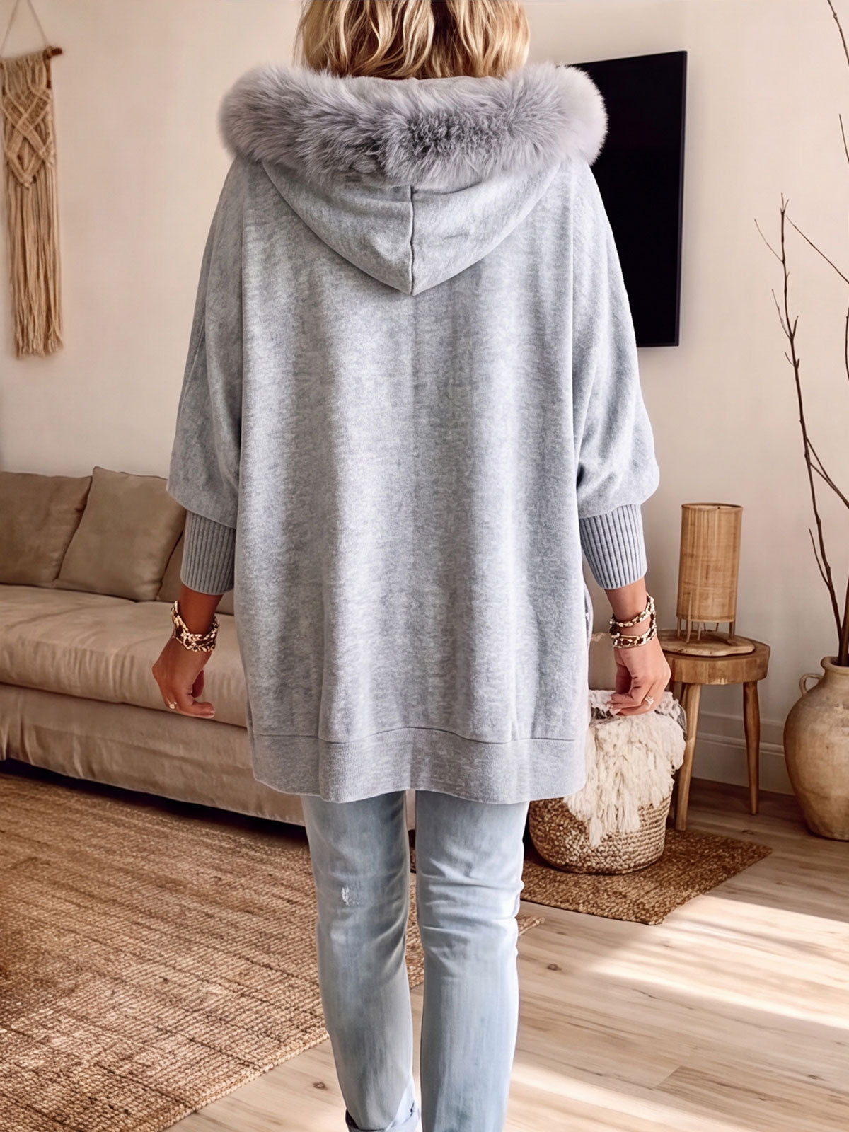 Faux Fur Hood Zip Up Oversized Batwing Sleeve Jacket