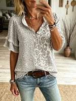 Women's Light Grey Leopard Print Ruffle Short Sleeve Blouse