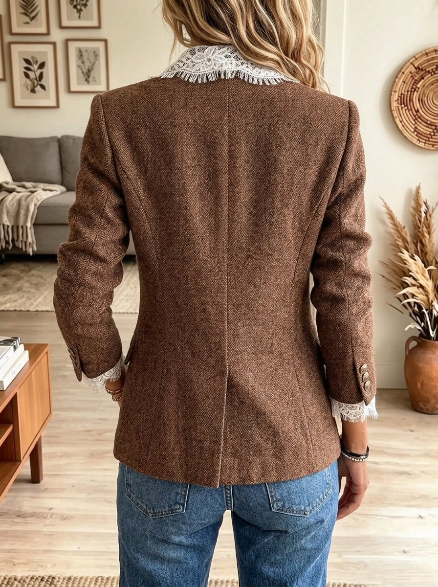 Women's Lace Trim Notch Lapel Tweed Blazer