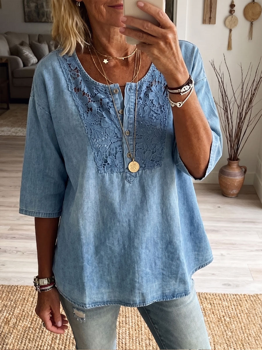 Vintage Elegant Denim Patchwork Hollowed Out Lace Shirt