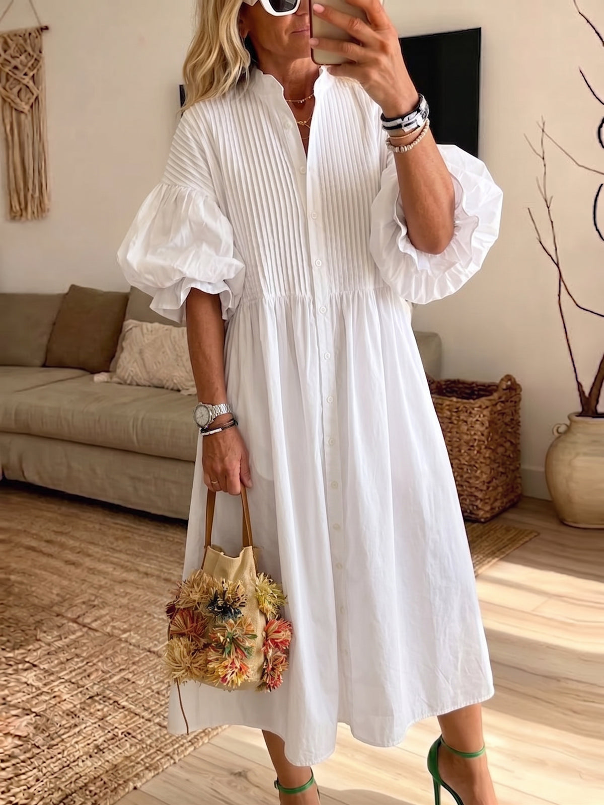 Women White Pleated Midi Dress Puff Short Sleeve Button Down Loose Casual Shirt Dress