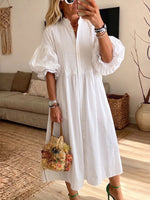 Women White Pleated Midi Dress Puff Short Sleeve Button Down Loose Casual Shirt Dress