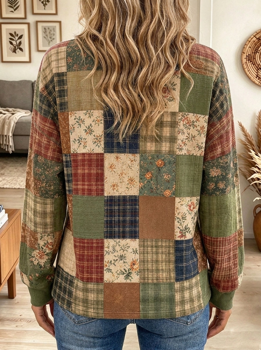 Women's Vintage Countryside Floral and Plaid Patchwork Henley Sweatshirt