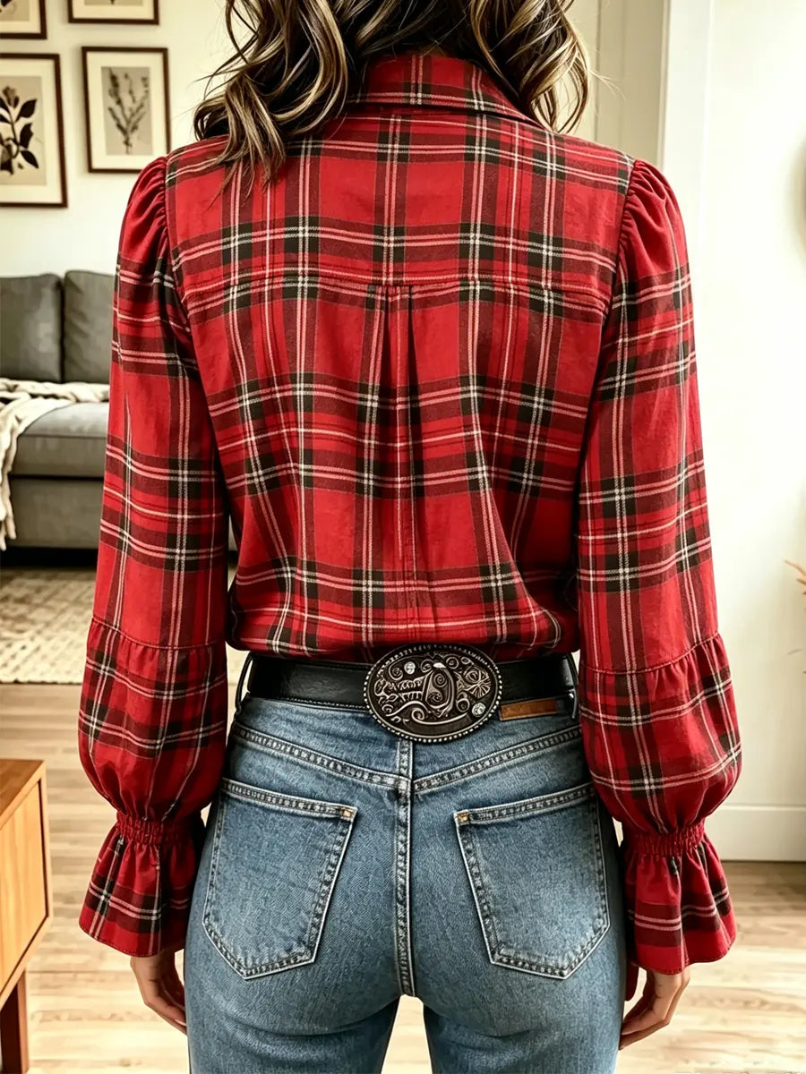 Retro Plaid Pattern Art Print Casual Stylish Long Sleeve Cotton Linen Shirt