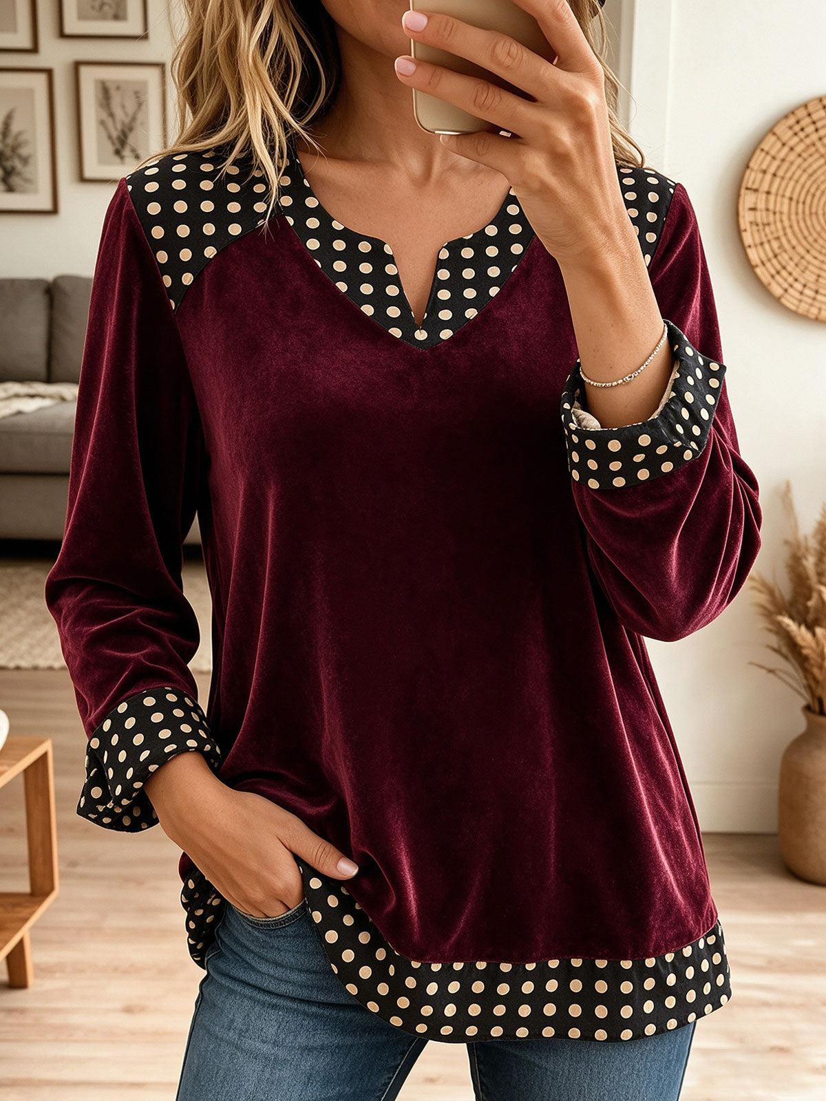 Women Burgundy Velvet Polka Dot Splice V Neck Long Sleeve Blouse