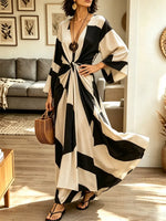 Retro Geometric Pattern Art Casual Stylish 3/4 Sleeve Cotton Linen Dress