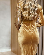 Velvet Sequin Patchwork Wrap Mini Dress Long Sleeve V‑Neck Party Cocktail Dress