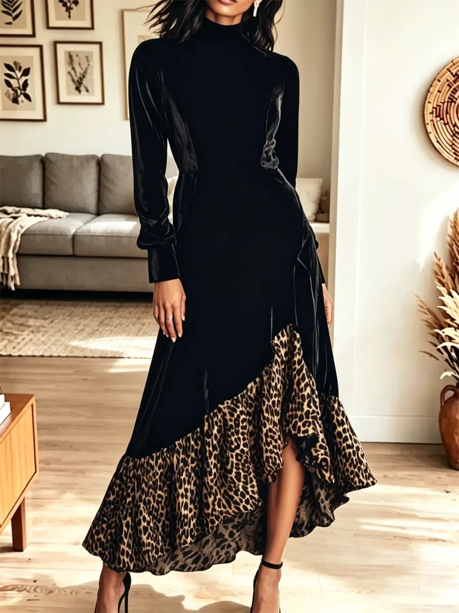Retro Leopard Ruffle Patchwork Art Casual Stylish Long Sleeve Dress