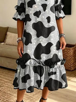 Retro Cow Shiny Pattern Art Print Casual Ruffle Stylish Cotton Linen Dress