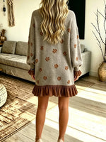 Retro Floral Ruffle Patchwork Art Casual Stylish Long Sleeve Knit Dress