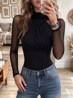 Women's Black Mock Neck Bodysuit with Sheer Mesh Long Sleeves