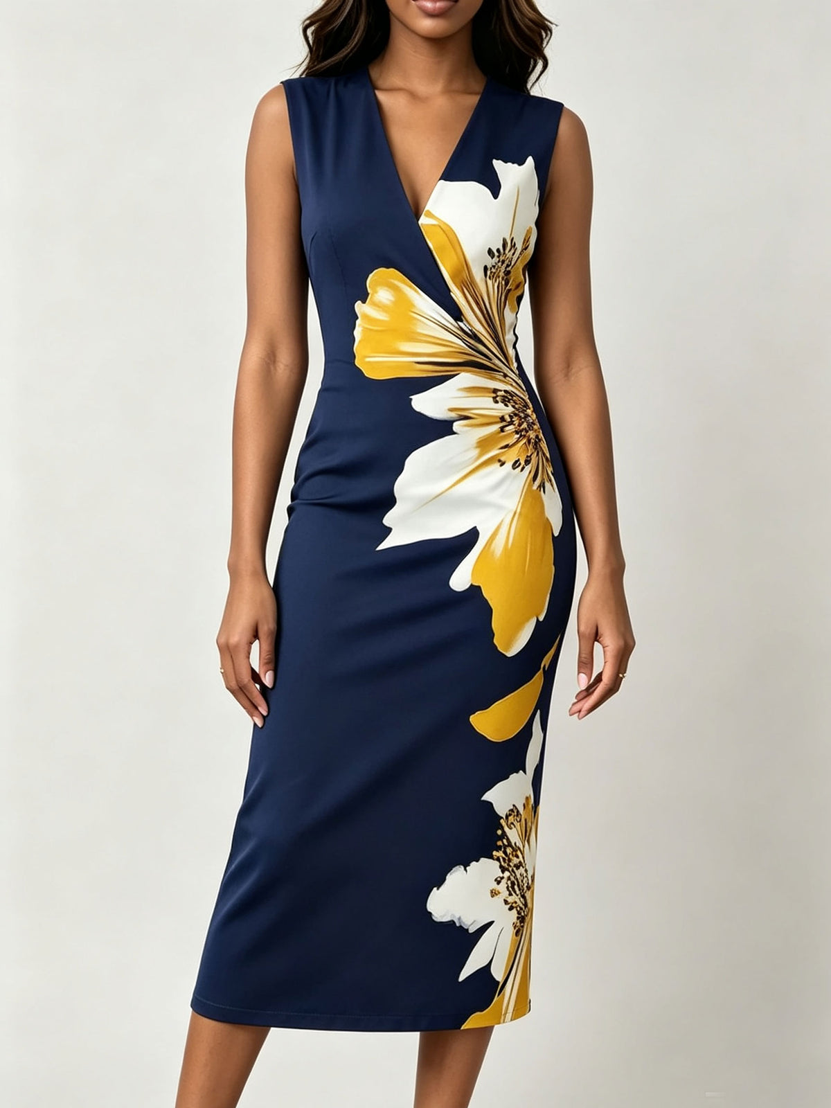 V Neck Sleeveless Large Floral Print Wrap Bodycon Midi Dress