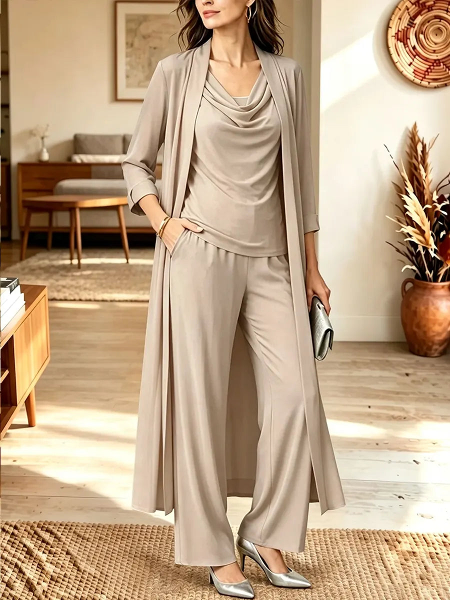 Women's Long-sleeve Stacked Collar Top, Long Cardigan, And Pants Three-piece Set