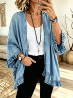Women's Ruffled Hem Open-Front Denim Cardigan