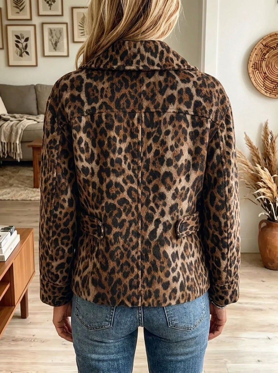 Women's Leopard Print Asymmetrical Button Collar Jacket