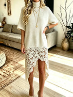 Retro Floral Lace Hollow Patchwork Art Casual Stylish Short Sleeve Knit Dress
