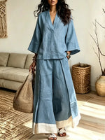 Retro 3/4 Sleeve Art Casual Stylish Top And Wide Leg Pants Two-piece Sets