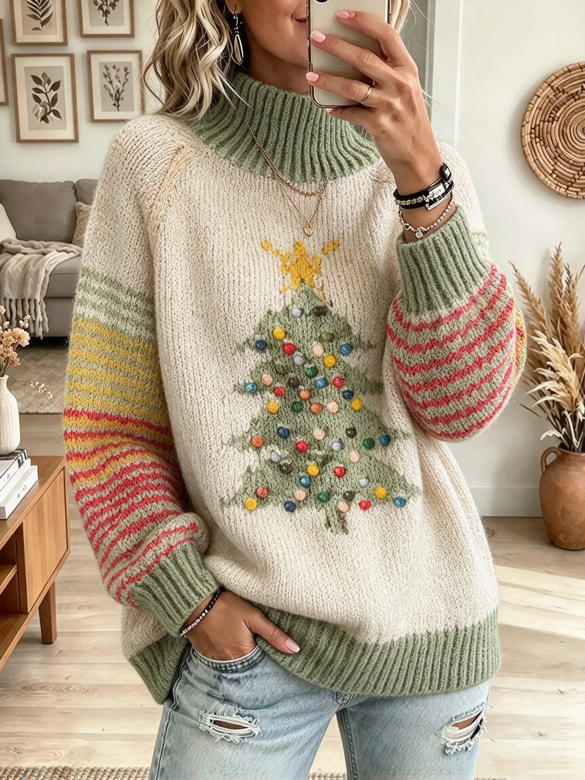 Women's Christmas Tree Striped Sleeve Knit Sweater