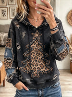 Women's Distressed Leopard Christmas Tree Print Hoodie