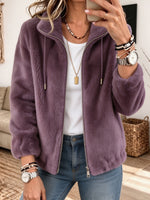 Women Fuzzy Fleece Zip‑Up Stand Collar Jacket, Casual Drawstring Plush Outerwear