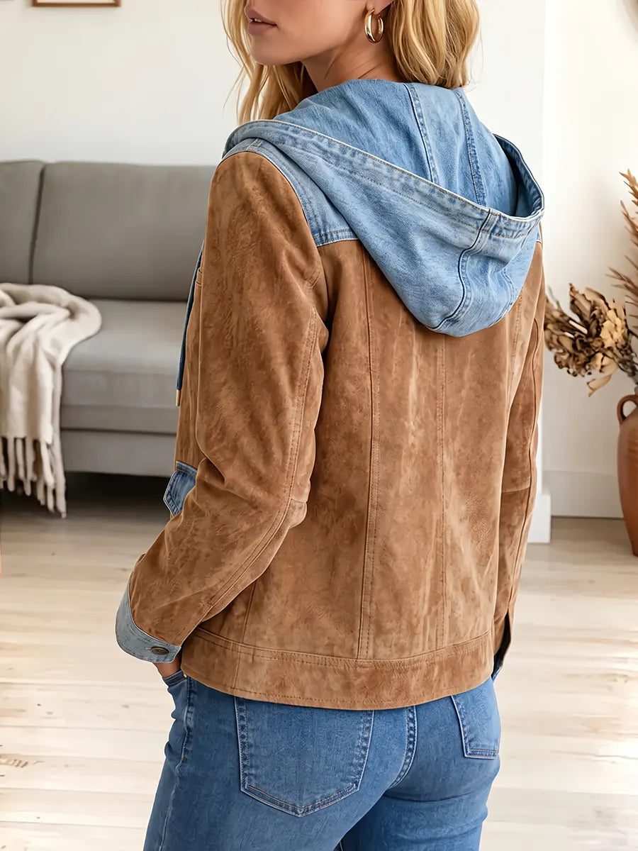 Vintage Elegant Denim Patchwork Suede Hood Jacket