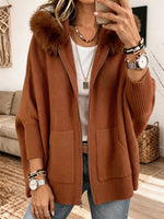 Women Furry Hood Zip‑Up Knit Cardigan, Oversized Cozy Knitted Jacket With Pockets
