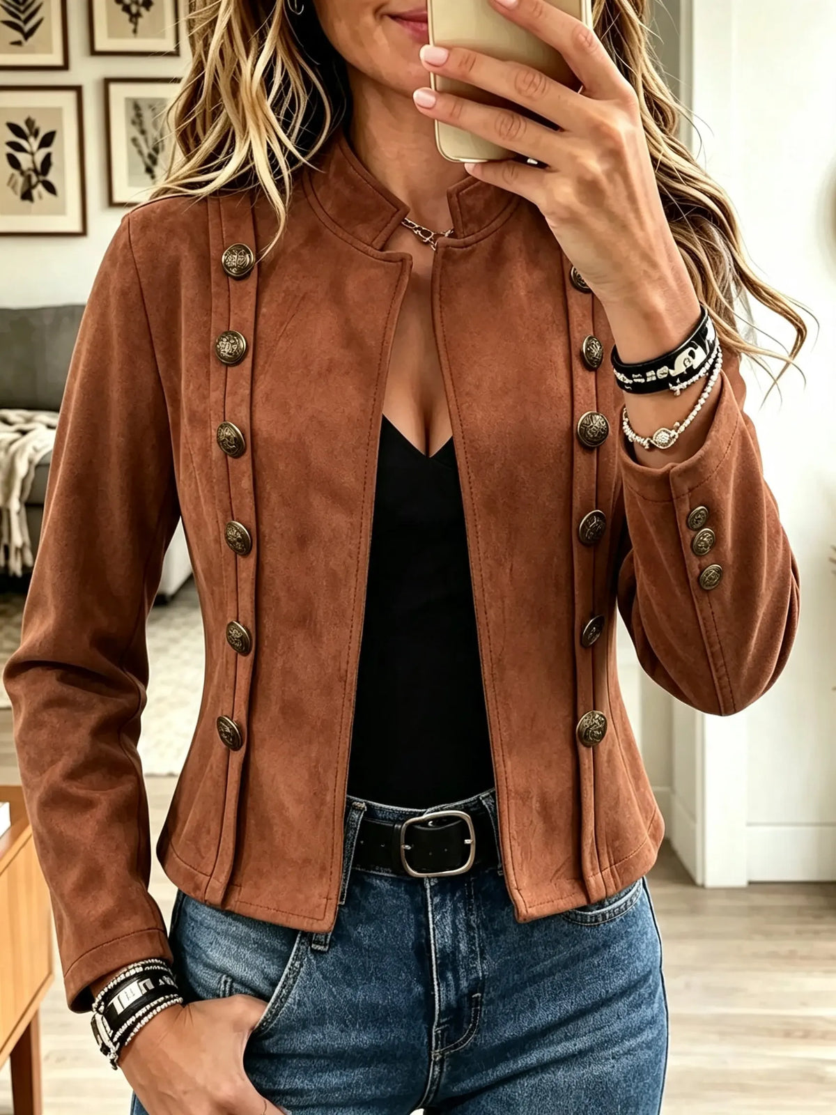 Women's Double-Breasted Suede Military Jacket