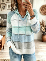 Women's Striped Knit Drawstring Hooded Sweater