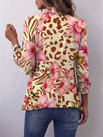 Retro Leopard Floral Patchwork Pattern Art Print Ruffle Casual Stylish Cotton Lapel Coat