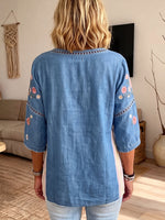 Women's Hollow Lace Spliced Color Block Floral Print 3/4 Sleeve Denim Blouse
