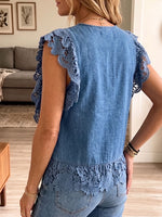 Vintage Elegant Denim Patchwork Hollowed Out Lace Shirt